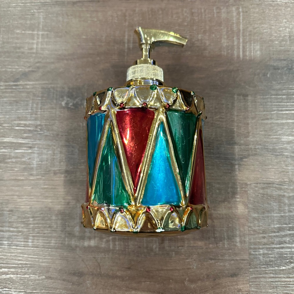 Allure Christmas Drum Soap Dispenser Holiday Decor Gold Red Green Blue 7.5in